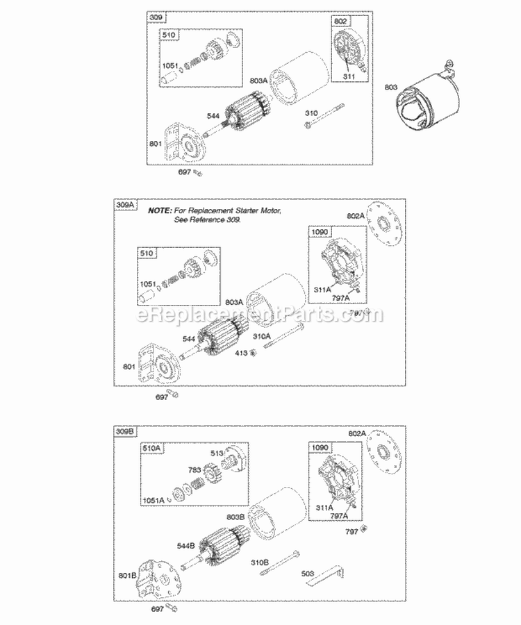 Electric Starter Diagram and Parts List for  Briggs and Stratton Engine